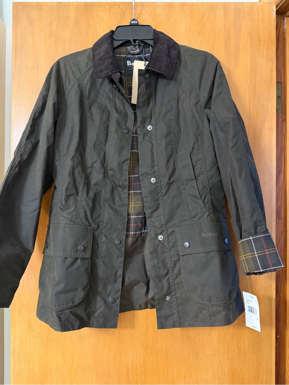 Barbour Olive Waxed Utility Jacket Beadnell with Cord Collar - Picture 7 of 16